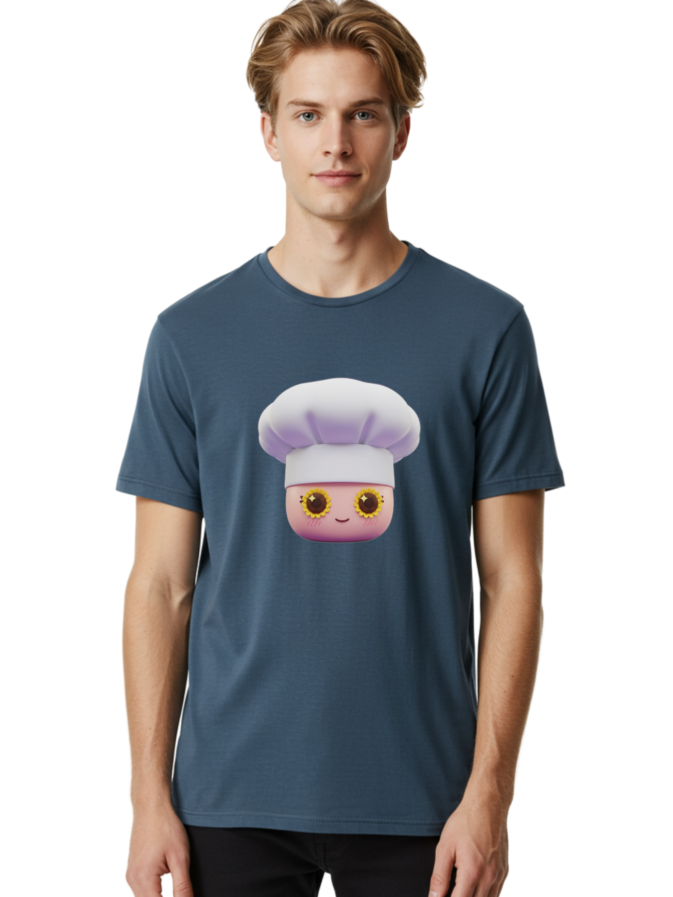 Chef-Emoticon Men'S Graphic Tee, 100% Cotton, Comfortable Casual Summer Wear, Machine Washable, Chef Character, Cute Emoji, Cooking Theme, Sunflower Eyes, Happy Face, Culinary Arts, Kitchen Icon, Cartoon Style Bac820