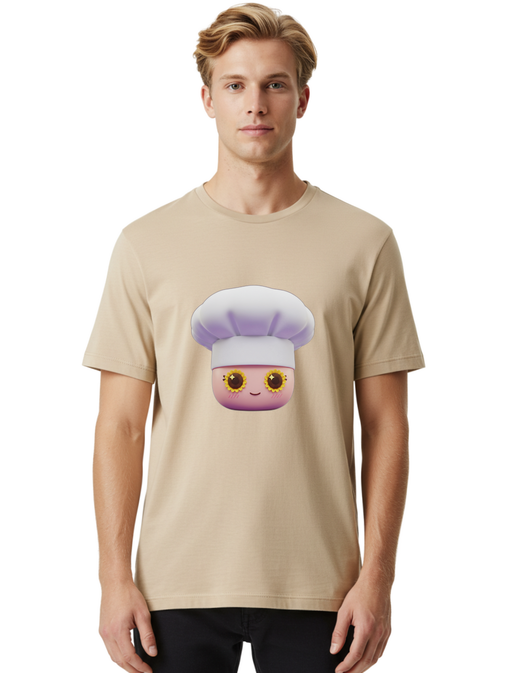 Chef-Emoticon Men'S Graphic Tee, 100% Cotton, Comfortable Casual Summer Wear, Machine Washable, Chef Character, Cute Emoji, Cooking Theme, Sunflower Eyes, Happy Face, Culinary Arts, Kitchen Icon, Cartoon Style Bac820