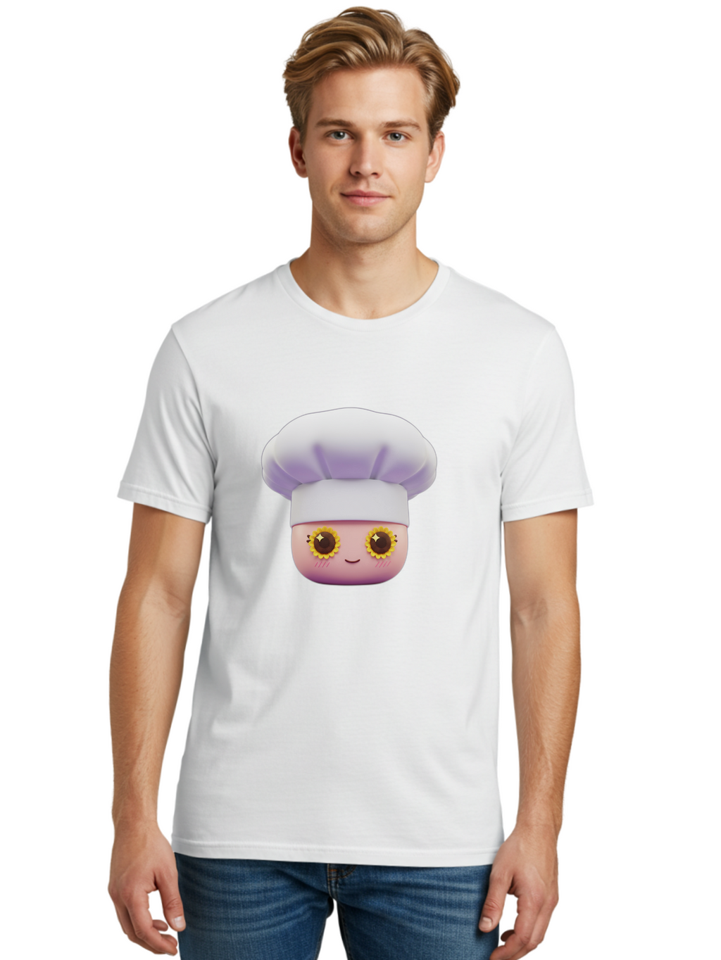 Chef-Emoticon Men'S Graphic Tee, 100% Cotton, Comfortable Casual Summer Wear, Machine Washable, Chef Character, Cute Emoji, Cooking Theme, Sunflower Eyes, Happy Face, Culinary Arts, Kitchen Icon, Cartoon Style Bac820