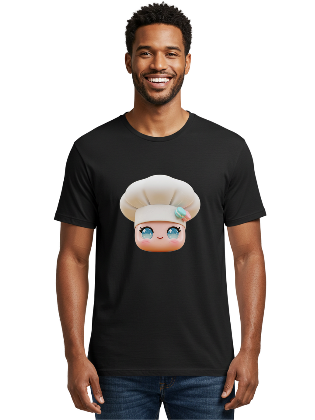 Chef-Face-1 Men'S Graphic Tee, 100% Cotton, Comfortable Casual Summer Wear, Machine Washable, Cartoon Chef Head, White Chef Hat, Blue Eyes, Smiling Face, Pink Cheeks, Macaron Decoration, Kawaii Style, Adorable Illustration, Digital Art, Bac821