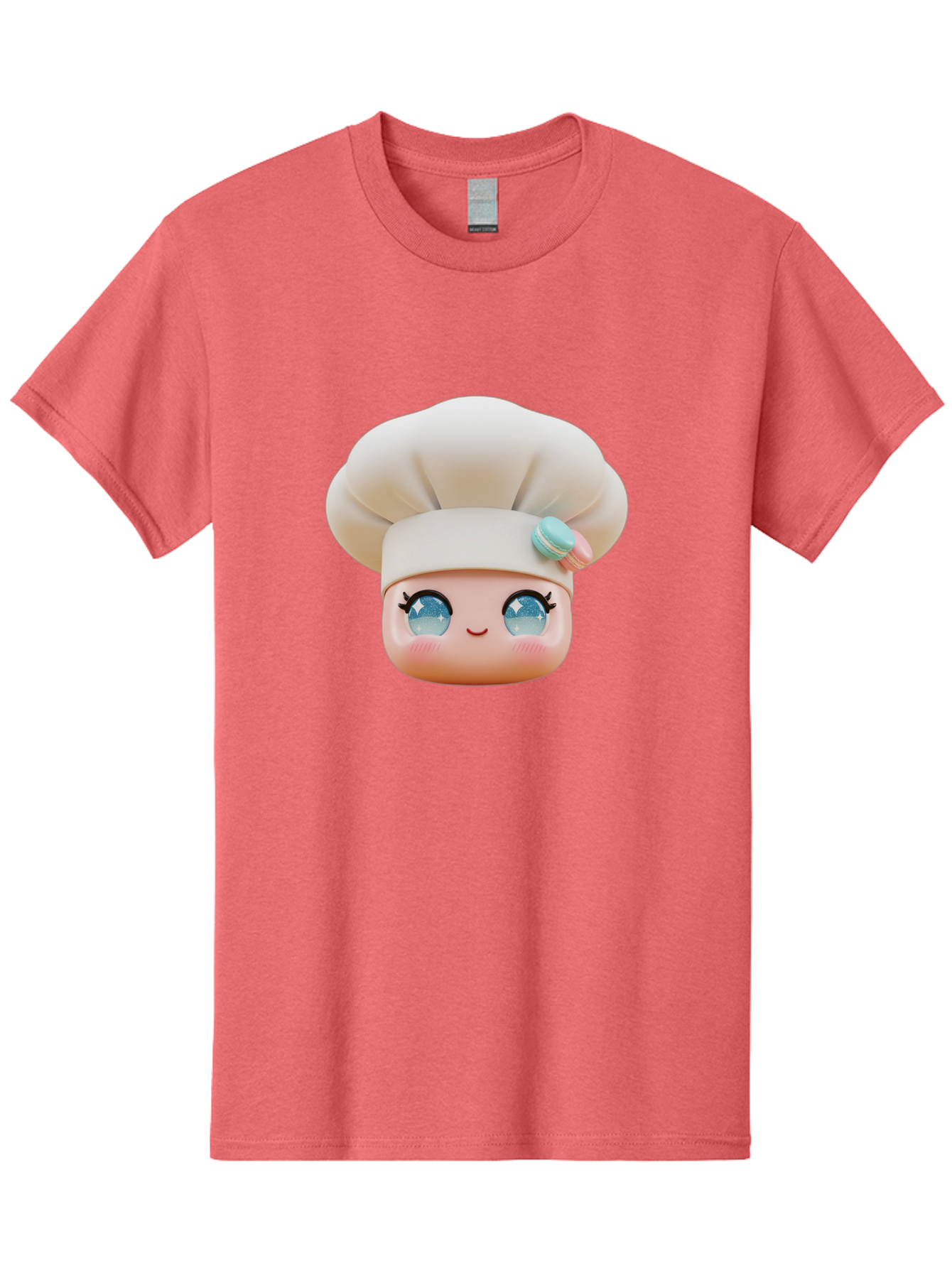 Chef-Face-1 Men'S Graphic Tee, 100% Cotton, Comfortable Casual Summer Wear, Machine Washable, Cartoon Chef Head, White Chef Hat, Blue Eyes, Smiling Face, Pink Cheeks, Macaron Decoration, Kawaii Style, Adorable Illustration, Digital Art, Bac821