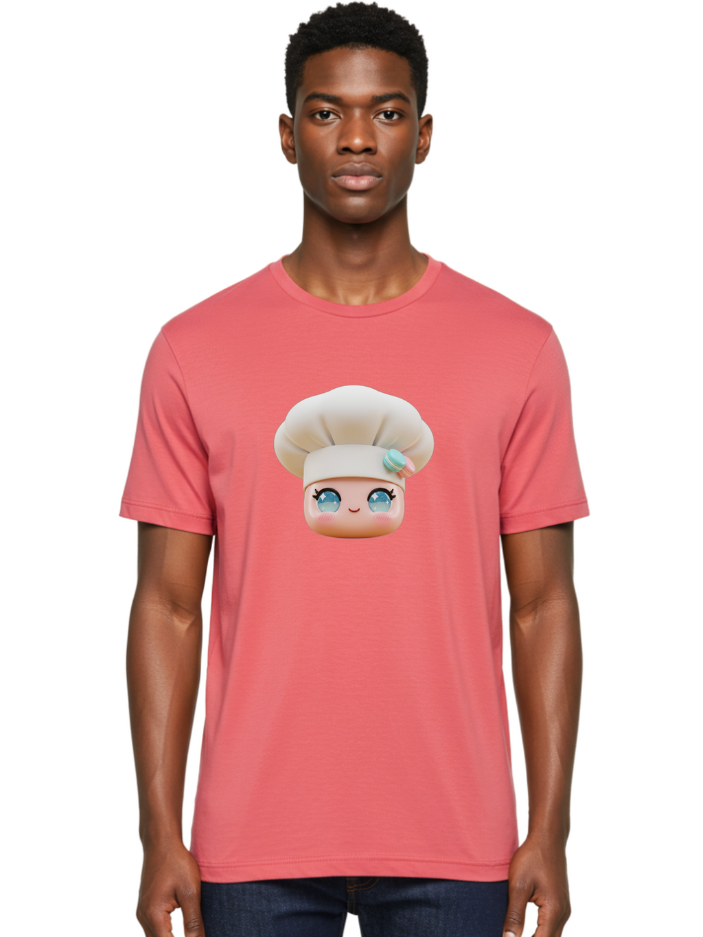 Chef-Face-1 Men'S Graphic Tee, 100% Cotton, Comfortable Casual Summer Wear, Machine Washable, Cartoon Chef Head, White Chef Hat, Blue Eyes, Smiling Face, Pink Cheeks, Macaron Decoration, Kawaii Style, Adorable Illustration, Digital Art, Bac821