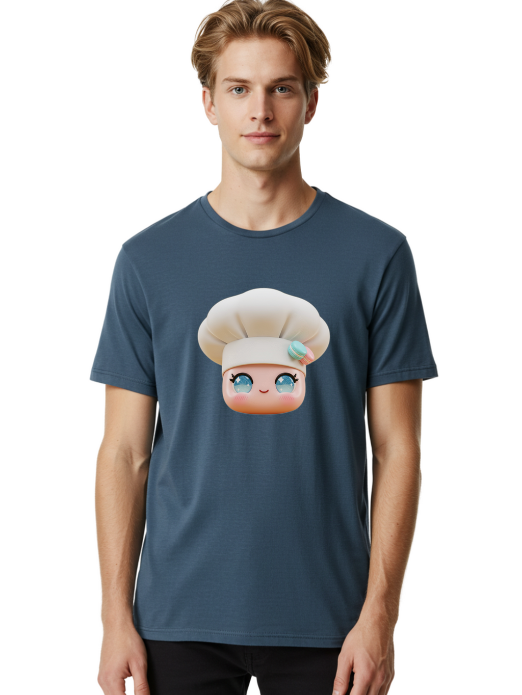 Chef-Face-1 Men'S Graphic Tee, 100% Cotton, Comfortable Casual Summer Wear, Machine Washable, Cartoon Chef Head, White Chef Hat, Blue Eyes, Smiling Face, Pink Cheeks, Macaron Decoration, Kawaii Style, Adorable Illustration, Digital Art, Bac821