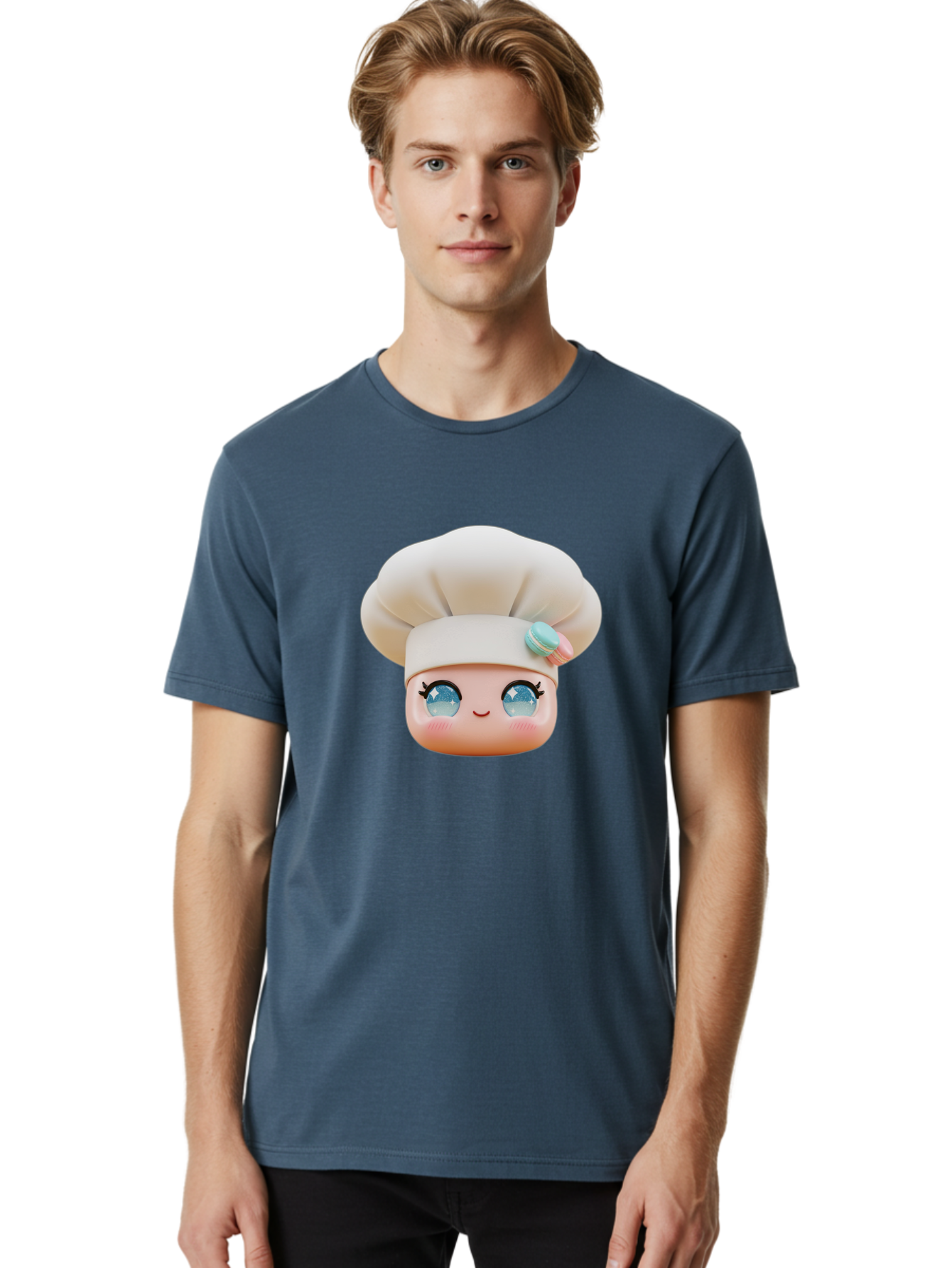 Chef-Face-1 Men'S Graphic Tee, 100% Cotton, Comfortable Casual Summer Wear, Machine Washable, Cartoon Chef Head, White Chef Hat, Blue Eyes, Smiling Face, Pink Cheeks, Macaron Decoration, Kawaii Style, Adorable Illustration, Digital Art, Bac821
