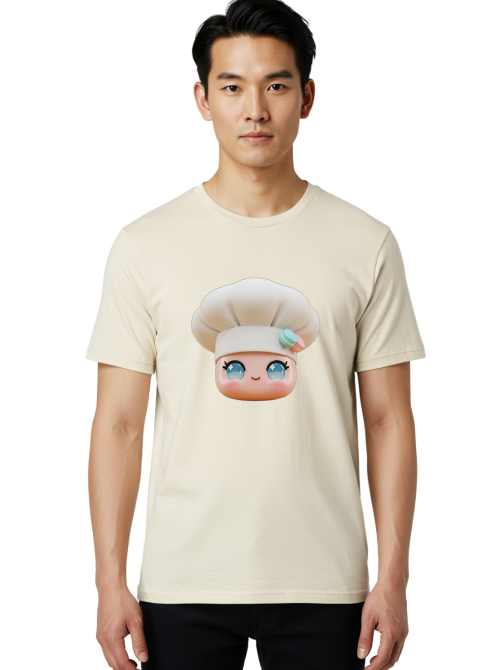 Chef-Face-1 Men'S Graphic Tee, 100% Cotton, Comfortable Casual Summer Wear, Machine Washable, Cartoon Chef Head, White Chef Hat, Blue Eyes, Smiling Face, Pink Cheeks, Macaron Decoration, Kawaii Style, Adorable Illustration, Digital Art, Bac821