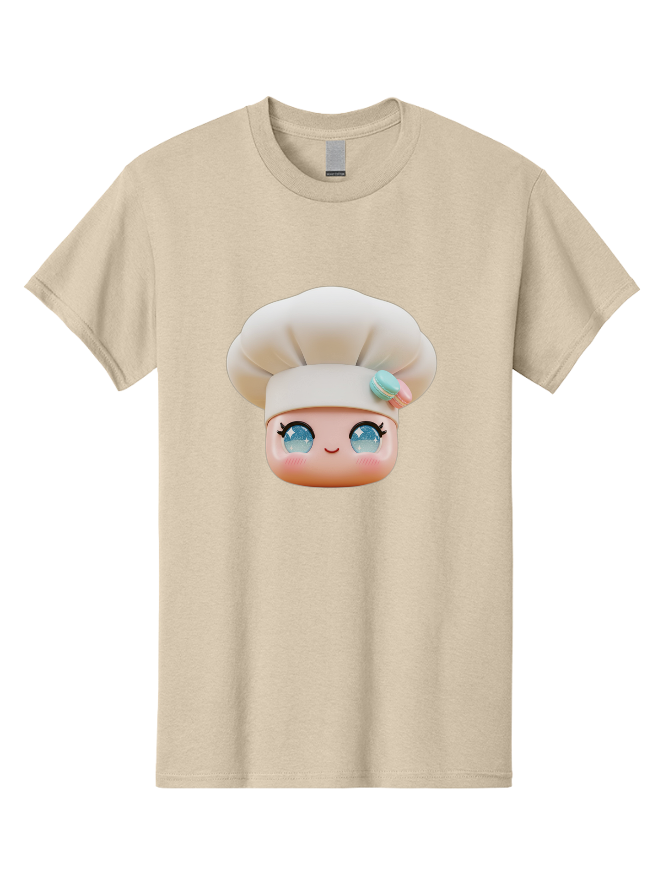 Chef-Face-1 Men'S Graphic Tee, 100% Cotton, Comfortable Casual Summer Wear, Machine Washable, Cartoon Chef Head, White Chef Hat, Blue Eyes, Smiling Face, Pink Cheeks, Macaron Decoration, Kawaii Style, Adorable Illustration, Digital Art, Bac821
