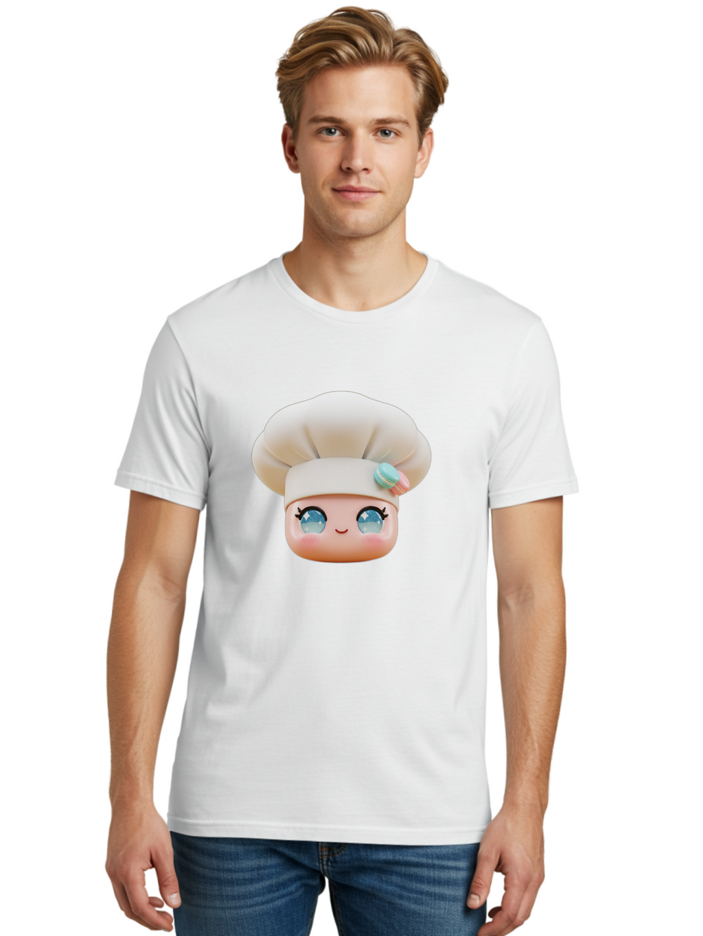 Chef-Face-1 Men'S Graphic Tee, 100% Cotton, Comfortable Casual Summer Wear, Machine Washable, Cartoon Chef Head, White Chef Hat, Blue Eyes, Smiling Face, Pink Cheeks, Macaron Decoration, Kawaii Style, Adorable Illustration, Digital Art, Bac821