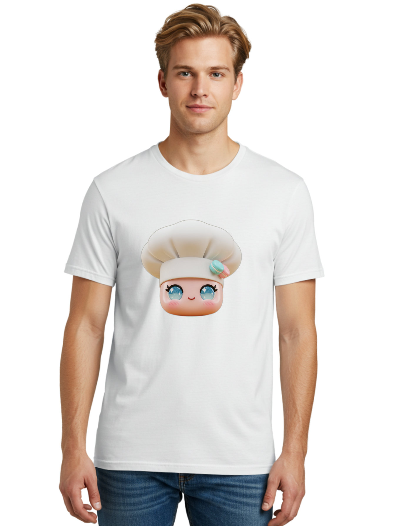 Chef-Face-1 Men'S Graphic Tee, 100% Cotton, Comfortable Casual Summer Wear, Machine Washable, Cartoon Chef Head, White Chef Hat, Blue Eyes, Smiling Face, Pink Cheeks, Macaron Decoration, Kawaii Style, Adorable Illustration, Digital Art, Bac821