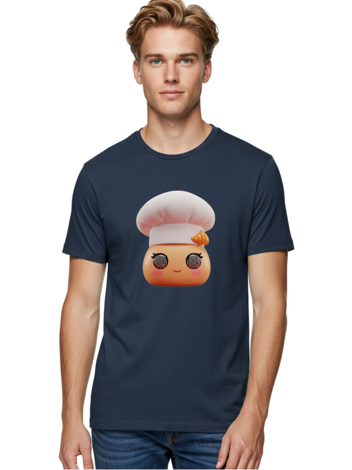 Chef-Face Men'S Graphic Tee, 100% Cotton, Comfortable Casual Summer Wear, Machine Washable, Cartoon Character, Chef Hat, Spiral Eyes, Cute Face, Cooking Theme, Kitchen Art, Whimsical Design, Kawaii Style, Playful Character Bac822