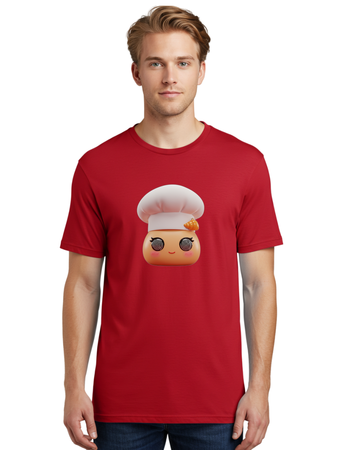 Chef-Face Men'S Graphic Tee, 100% Cotton, Comfortable Casual Summer Wear, Machine Washable, Cartoon Character, Chef Hat, Spiral Eyes, Cute Face, Cooking Theme, Kitchen Art, Whimsical Design, Kawaii Style, Playful Character Bac822
