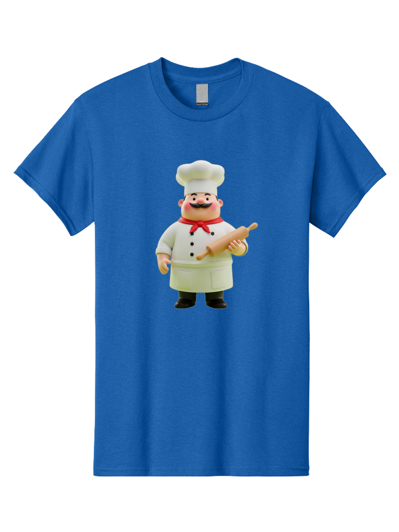 Chef-Figurine-1 Men'S Graphic Tee, 100% Cotton, Comfortable Casual Summer Wear, Machine Washable, Cartoon Chef Figurine, White Chef Coat, Red Neckerchief, Black Mustache, Rolling Pin, Cooking Utensils, Culinary Art, Kitchen Decor, Bac823