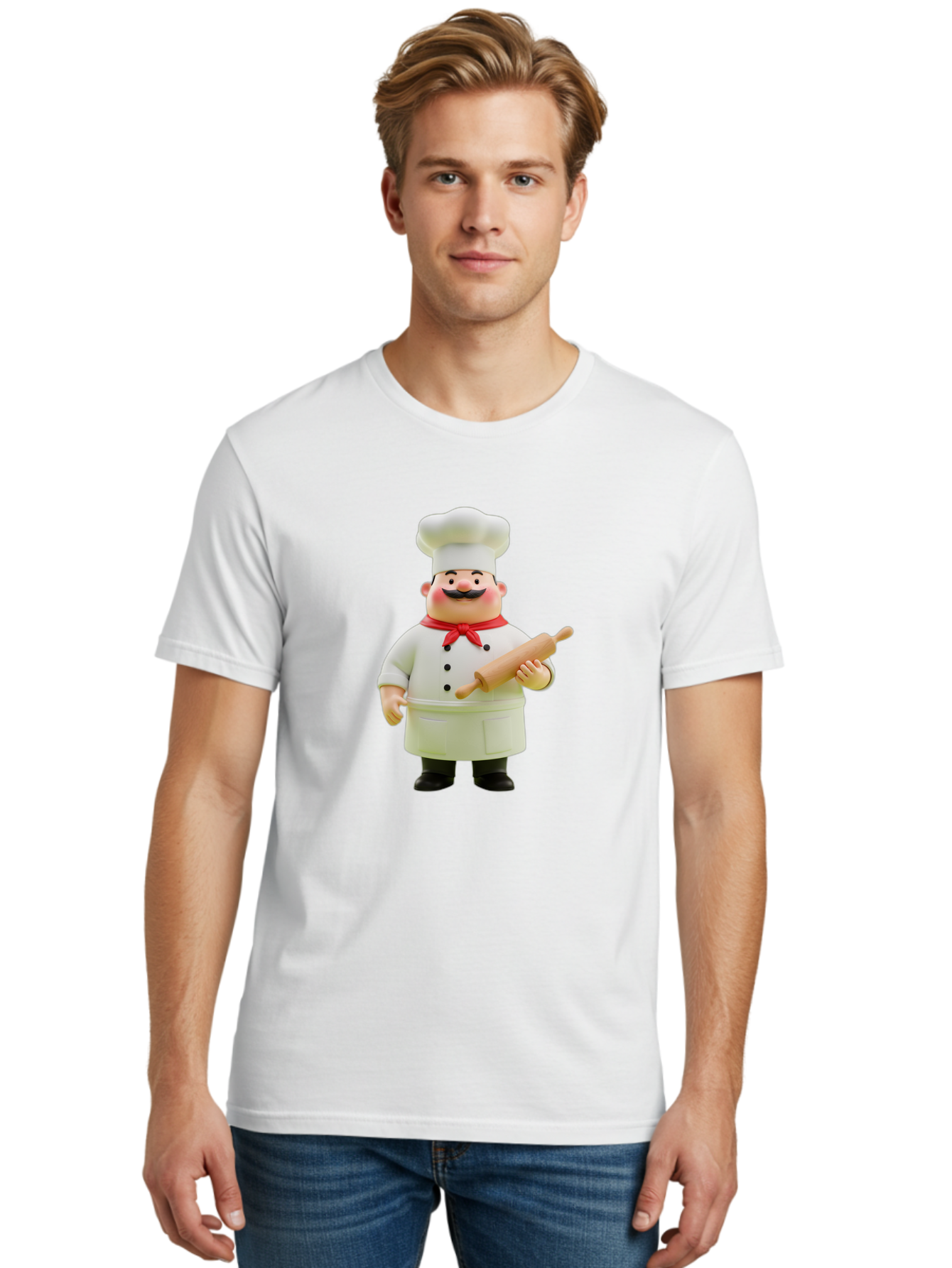 Chef-Figurine-1 Men'S Graphic Tee, 100% Cotton, Comfortable Casual Summer Wear, Machine Washable, Cartoon Chef Figurine, White Chef Coat, Red Neckerchief, Black Mustache, Rolling Pin, Cooking Utensils, Culinary Art, Kitchen Decor, Bac823