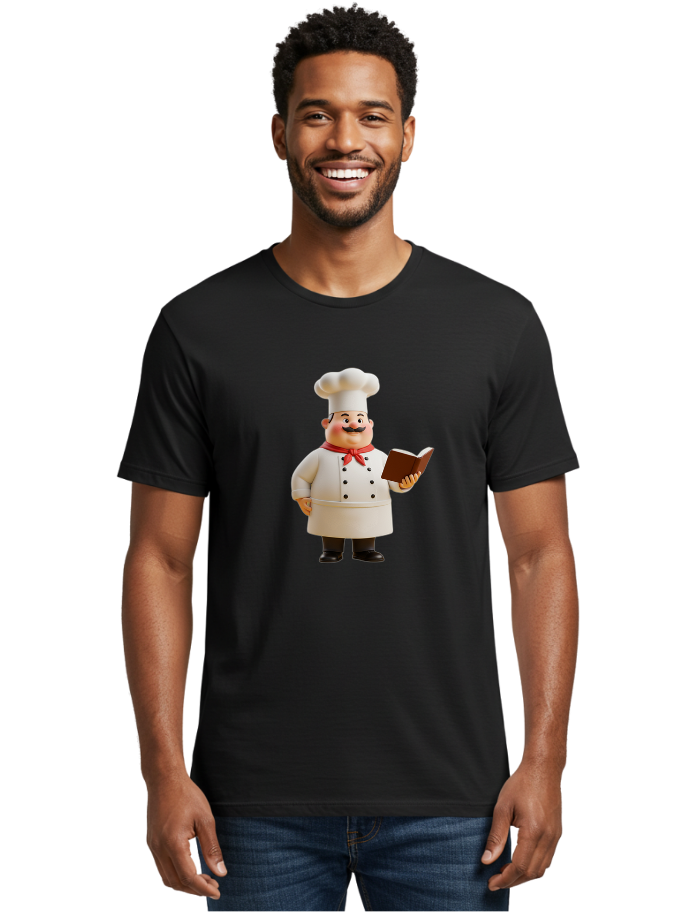 Chef-Figurine-2 Men'S Graphic Tee, 100% Cotton, Comfortable Casual Summer Wear, Machine Washable, Chef Hat, Chef Jacket, Red Neckerchief, Cookbook, Recipe Book, Chef Character, Cartoon Chef, Mustached Man, Cooking Attire, Culinary Expert Bac824