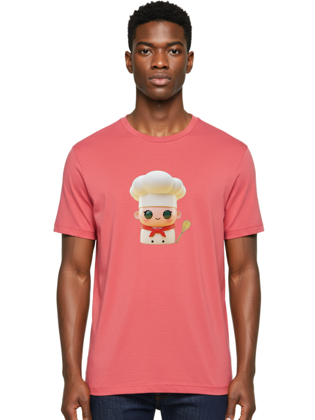 Chef-Figurine-3 Men'S Graphic Tee, 100% Cotton, Comfortable Casual Summer Wear, Machine Washable, Chef Figurine, White Chef Hat, Red Ribbon, Swirl Eyes, Cute Face, Baking Accessories, Whisk, Cooking Utensils, Culinary Art, Kawaii Character, Bac825