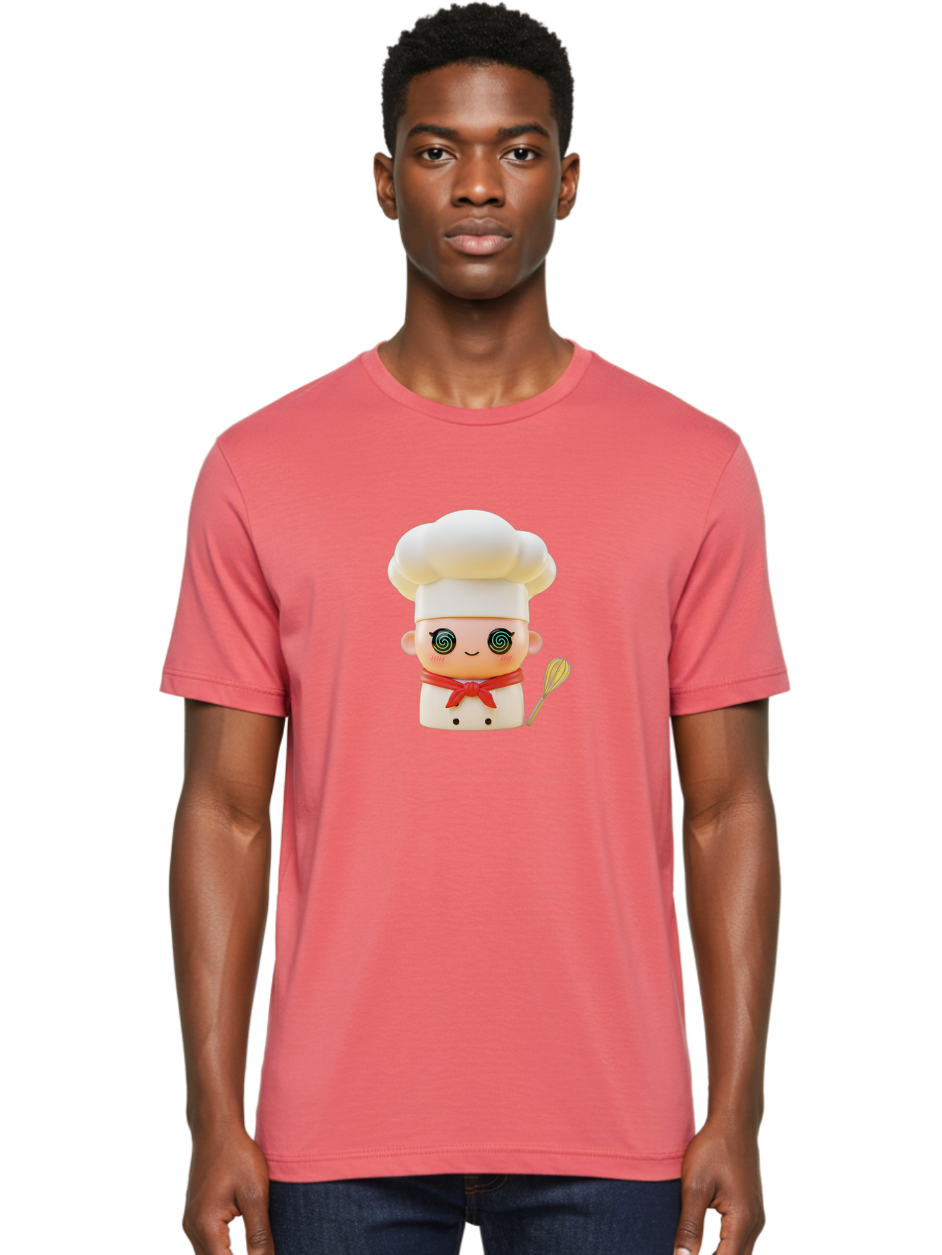 Chef-Figurine-3 Men'S Graphic Tee, 100% Cotton, Comfortable Casual Summer Wear, Machine Washable, Chef Figurine, White Chef Hat, Red Ribbon, Swirl Eyes, Cute Face, Baking Accessories, Whisk, Cooking Utensils, Culinary Art, Kawaii Character, Bac825
