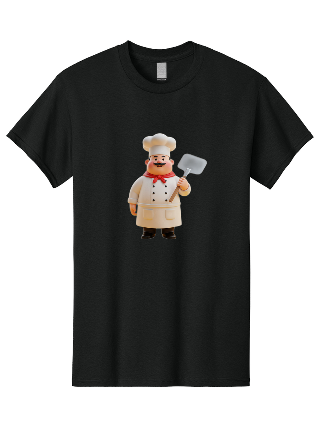 Chef-Figurine Men'S Graphic Tee, 100% Cotton, Comfortable Casual Summer Wear, Machine Washable, Lego Figurine Of A Chef, White Hat, Red Neckerchief, White Double-Breasted Jacket, Black Trousers, Black Shoes, Mustache, Holding A Spatula, Bac826