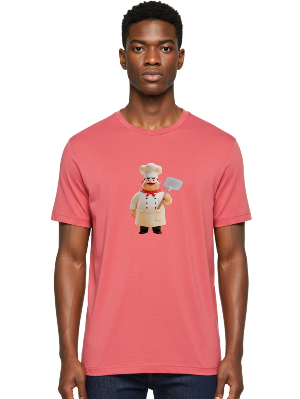 Chef-Figurine Men'S Graphic Tee, 100% Cotton, Comfortable Casual Summer Wear, Machine Washable, Lego Figurine Of A Chef, White Hat, Red Neckerchief, White Double-Breasted Jacket, Black Trousers, Black Shoes, Mustache, Holding A Spatula, Bac826