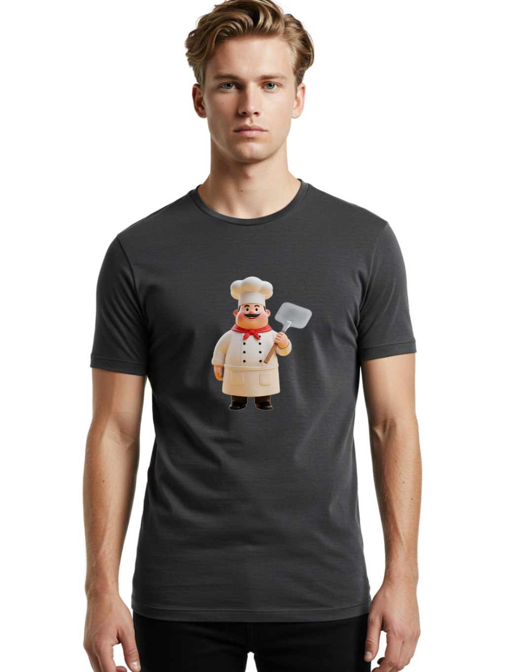 Chef-Figurine Men'S Graphic Tee, 100% Cotton, Comfortable Casual Summer Wear, Machine Washable, Lego Figurine Of A Chef, White Hat, Red Neckerchief, White Double-Breasted Jacket, Black Trousers, Black Shoes, Mustache, Holding A Spatula, Bac826
