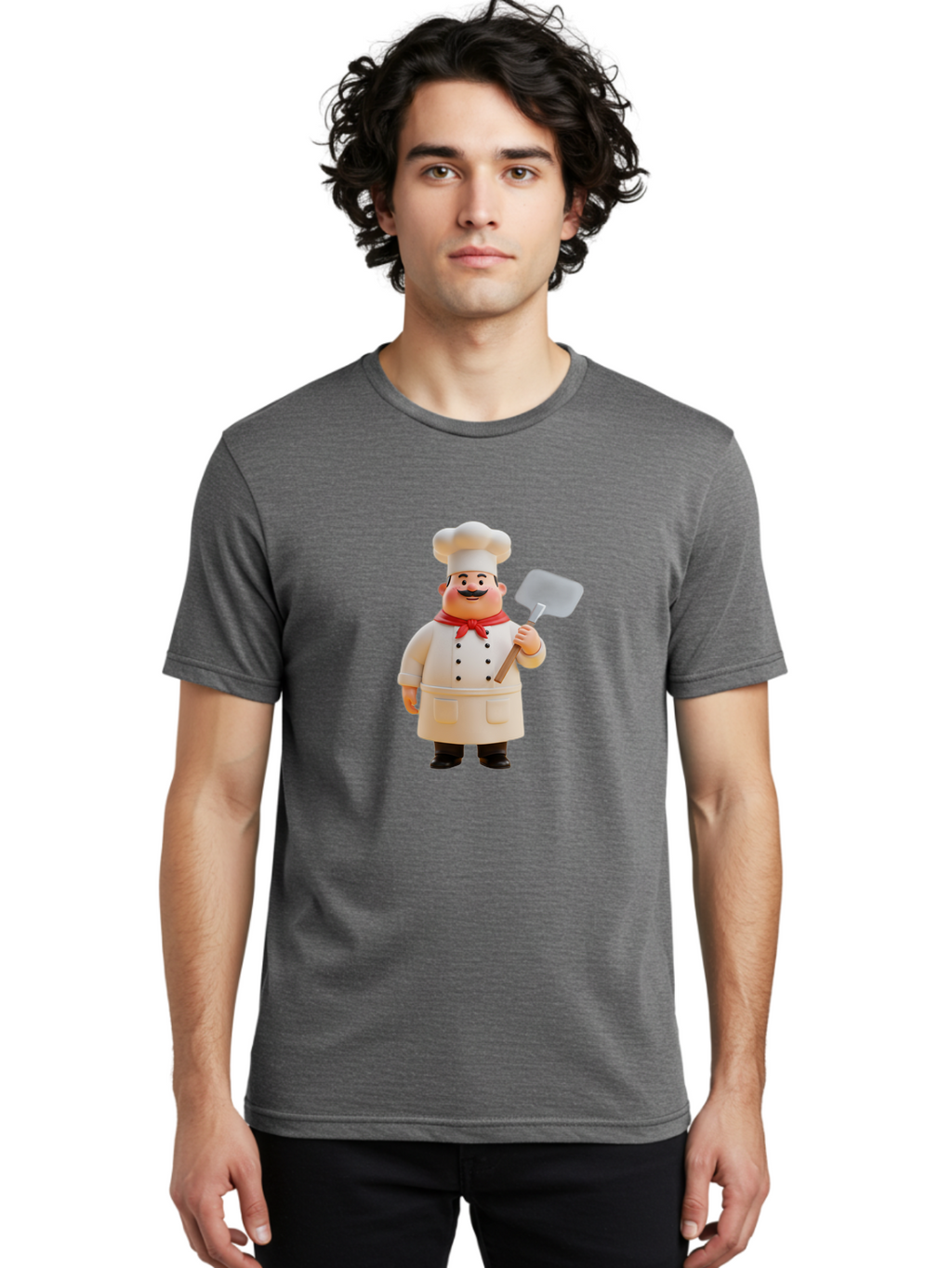 Chef-Figurine Men'S Graphic Tee, 100% Cotton, Comfortable Casual Summer Wear, Machine Washable, Lego Figurine Of A Chef, White Hat, Red Neckerchief, White Double-Breasted Jacket, Black Trousers, Black Shoes, Mustache, Holding A Spatula, Bac826