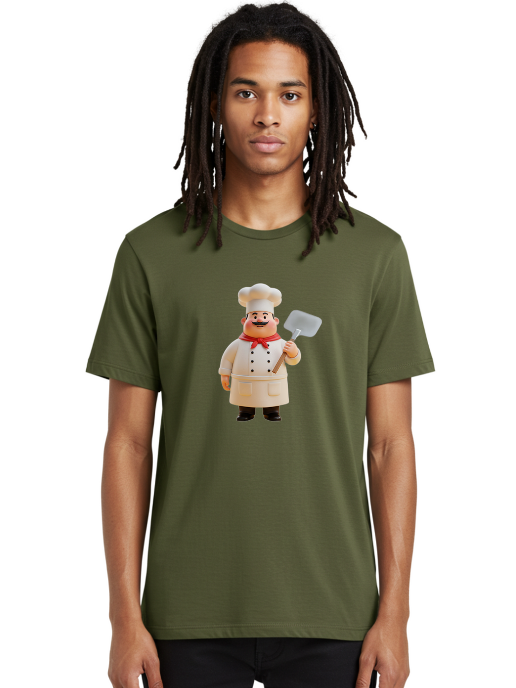 Chef-Figurine Men'S Graphic Tee, 100% Cotton, Comfortable Casual Summer Wear, Machine Washable, Lego Figurine Of A Chef, White Hat, Red Neckerchief, White Double-Breasted Jacket, Black Trousers, Black Shoes, Mustache, Holding A Spatula, Bac826
