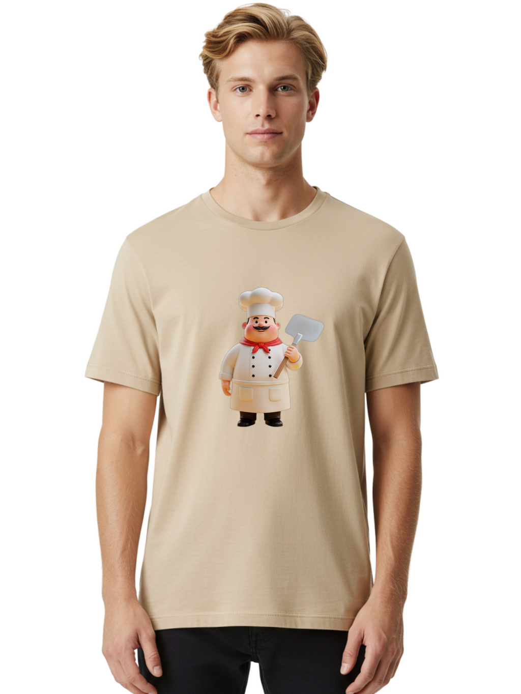 Chef-Figurine Men'S Graphic Tee, 100% Cotton, Comfortable Casual Summer Wear, Machine Washable, Lego Figurine Of A Chef, White Hat, Red Neckerchief, White Double-Breasted Jacket, Black Trousers, Black Shoes, Mustache, Holding A Spatula, Bac826