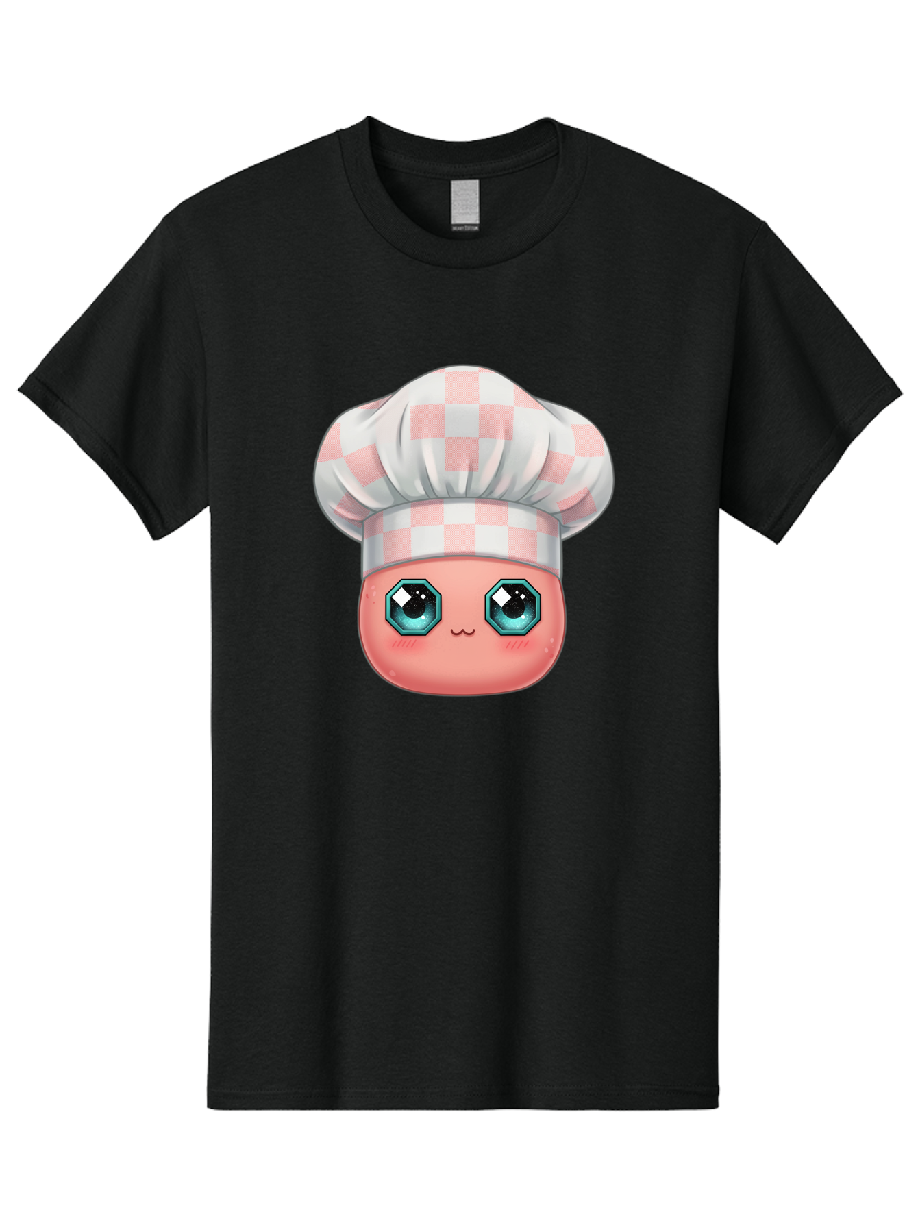 Chef-Gingham-Hat Men'S Graphic Tee, 100% Cotton, Comfortable Casual Summer Wear, Machine Washable, Cartoon Character, Chef Hat, Pink Checkered Pattern, Cute Face, Blue Eyes, Futuristic Look, Kawaii Style, Cooking, Baking, Foodie Culture, Bac827