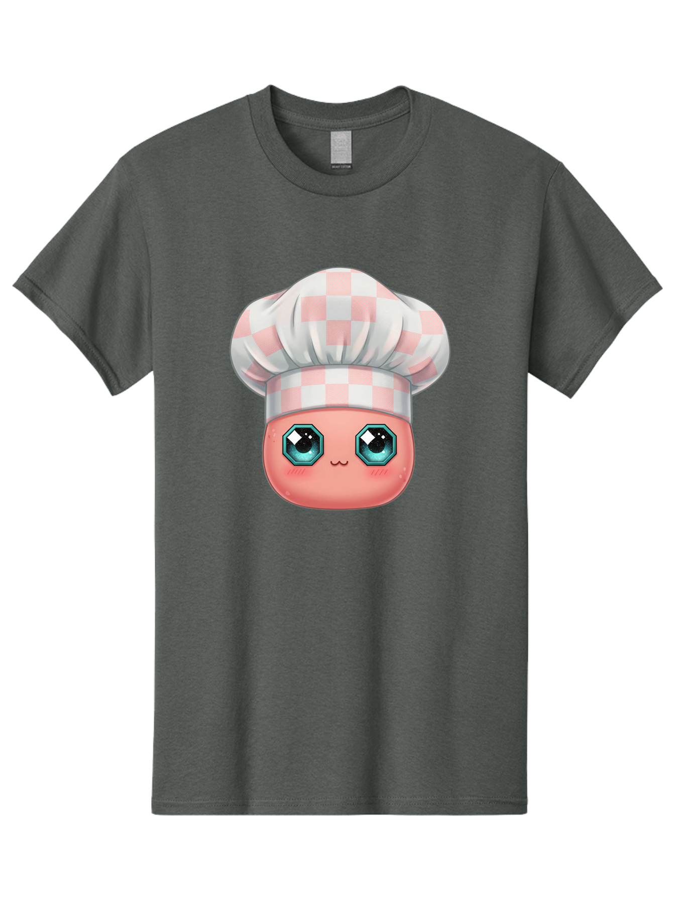Chef-Gingham-Hat Men'S Graphic Tee, 100% Cotton, Comfortable Casual Summer Wear, Machine Washable, Cartoon Character, Chef Hat, Pink Checkered Pattern, Cute Face, Blue Eyes, Futuristic Look, Kawaii Style, Cooking, Baking, Foodie Culture, Bac827