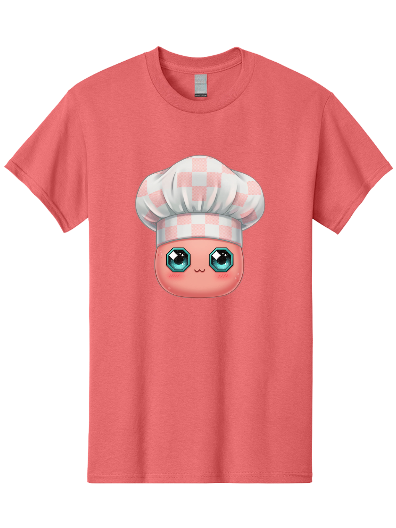 Chef-Gingham-Hat Men'S Graphic Tee, 100% Cotton, Comfortable Casual Summer Wear, Machine Washable, Cartoon Character, Chef Hat, Pink Checkered Pattern, Cute Face, Blue Eyes, Futuristic Look, Kawaii Style, Cooking, Baking, Foodie Culture, Bac827