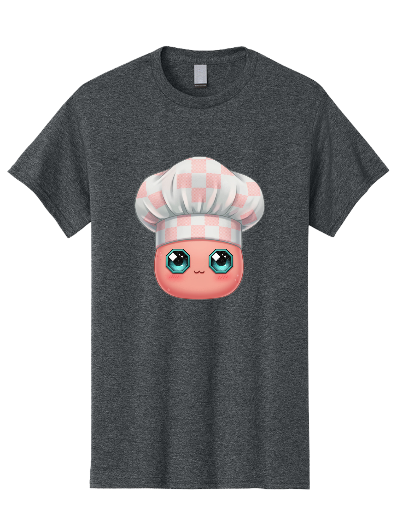 Chef-Gingham-Hat Men'S Graphic Tee, 100% Cotton, Comfortable Casual Summer Wear, Machine Washable, Cartoon Character, Chef Hat, Pink Checkered Pattern, Cute Face, Blue Eyes, Futuristic Look, Kawaii Style, Cooking, Baking, Foodie Culture, Bac827