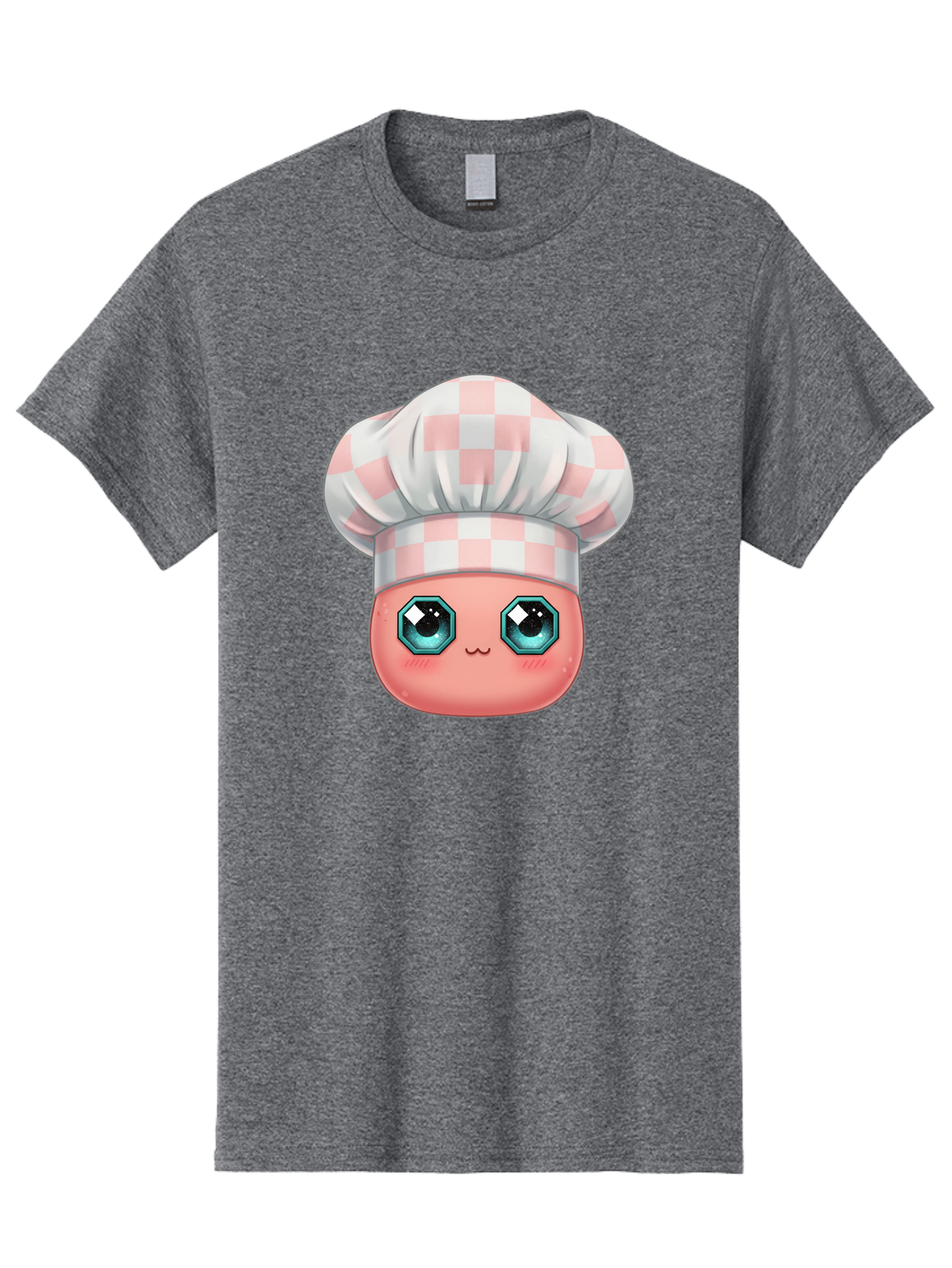 Chef-Gingham-Hat Men'S Graphic Tee, 100% Cotton, Comfortable Casual Summer Wear, Machine Washable, Cartoon Character, Chef Hat, Pink Checkered Pattern, Cute Face, Blue Eyes, Futuristic Look, Kawaii Style, Cooking, Baking, Foodie Culture, Bac827