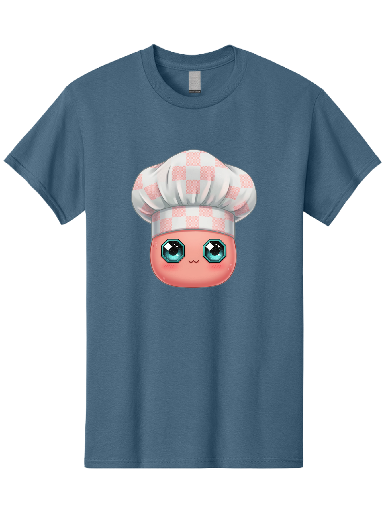 Chef-Gingham-Hat Men'S Graphic Tee, 100% Cotton, Comfortable Casual Summer Wear, Machine Washable, Cartoon Character, Chef Hat, Pink Checkered Pattern, Cute Face, Blue Eyes, Futuristic Look, Kawaii Style, Cooking, Baking, Foodie Culture, Bac827