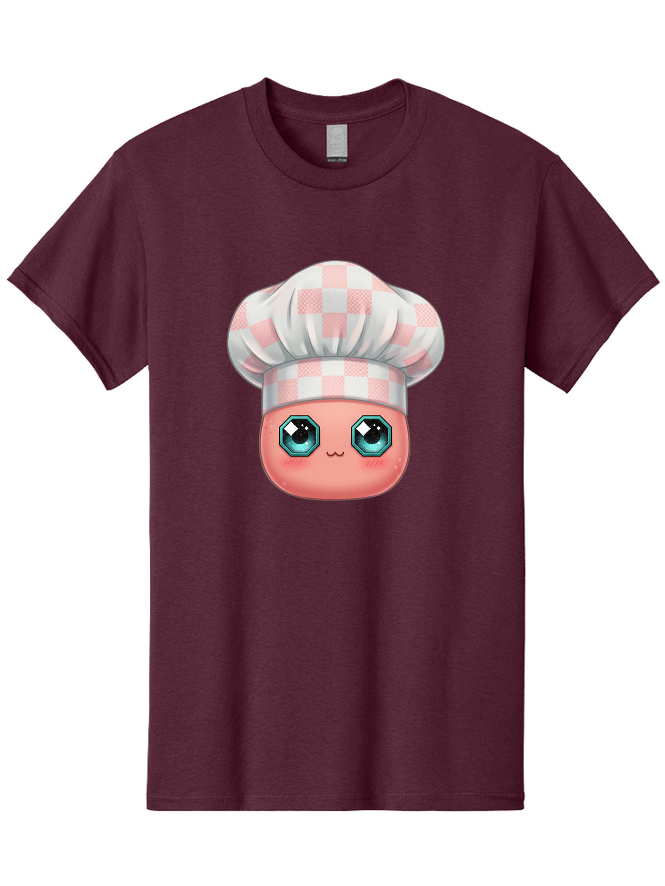 Chef-Gingham-Hat Men'S Graphic Tee, 100% Cotton, Comfortable Casual Summer Wear, Machine Washable, Cartoon Character, Chef Hat, Pink Checkered Pattern, Cute Face, Blue Eyes, Futuristic Look, Kawaii Style, Cooking, Baking, Foodie Culture, Bac827