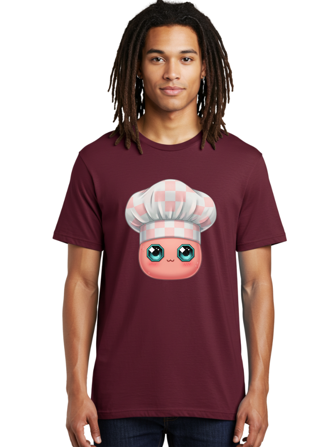 Chef-Gingham-Hat Men'S Graphic Tee, 100% Cotton, Comfortable Casual Summer Wear, Machine Washable, Cartoon Character, Chef Hat, Pink Checkered Pattern, Cute Face, Blue Eyes, Futuristic Look, Kawaii Style, Cooking, Baking, Foodie Culture, Bac827