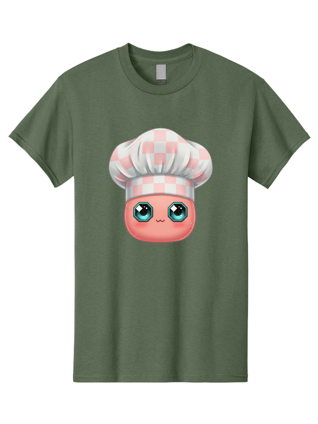 Chef-Gingham-Hat Men'S Graphic Tee, 100% Cotton, Comfortable Casual Summer Wear, Machine Washable, Cartoon Character, Chef Hat, Pink Checkered Pattern, Cute Face, Blue Eyes, Futuristic Look, Kawaii Style, Cooking, Baking, Foodie Culture, Bac827
