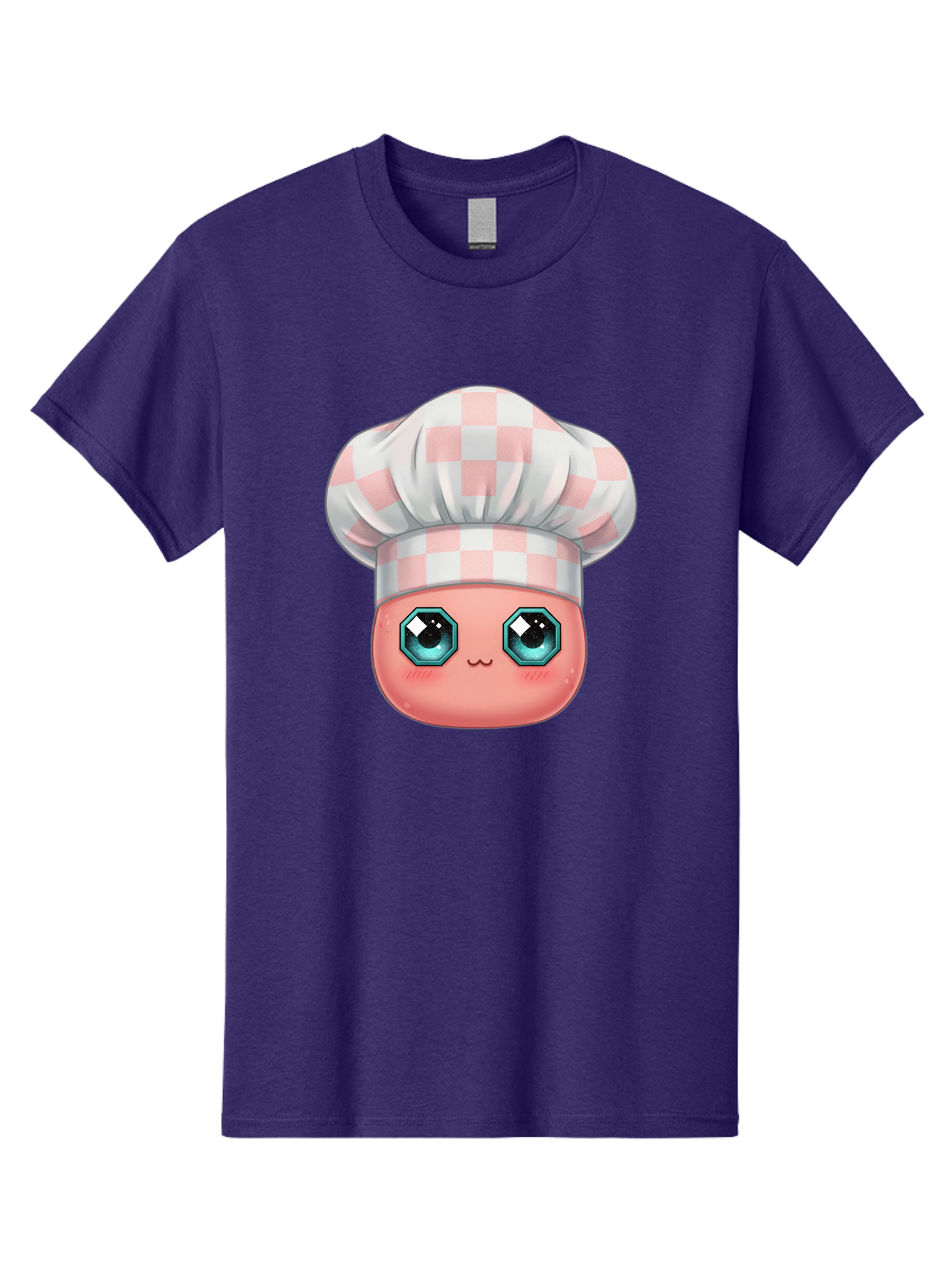 Chef-Gingham-Hat Men'S Graphic Tee, 100% Cotton, Comfortable Casual Summer Wear, Machine Washable, Cartoon Character, Chef Hat, Pink Checkered Pattern, Cute Face, Blue Eyes, Futuristic Look, Kawaii Style, Cooking, Baking, Foodie Culture, Bac827