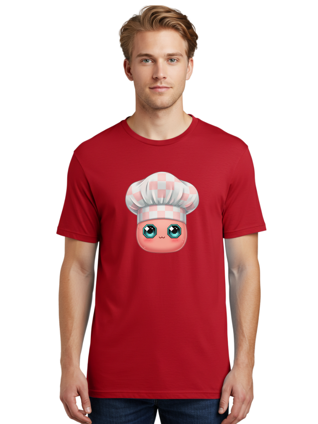 Chef-Gingham-Hat Men'S Graphic Tee, 100% Cotton, Comfortable Casual Summer Wear, Machine Washable, Cartoon Character, Chef Hat, Pink Checkered Pattern, Cute Face, Blue Eyes, Futuristic Look, Kawaii Style, Cooking, Baking, Foodie Culture, Bac827