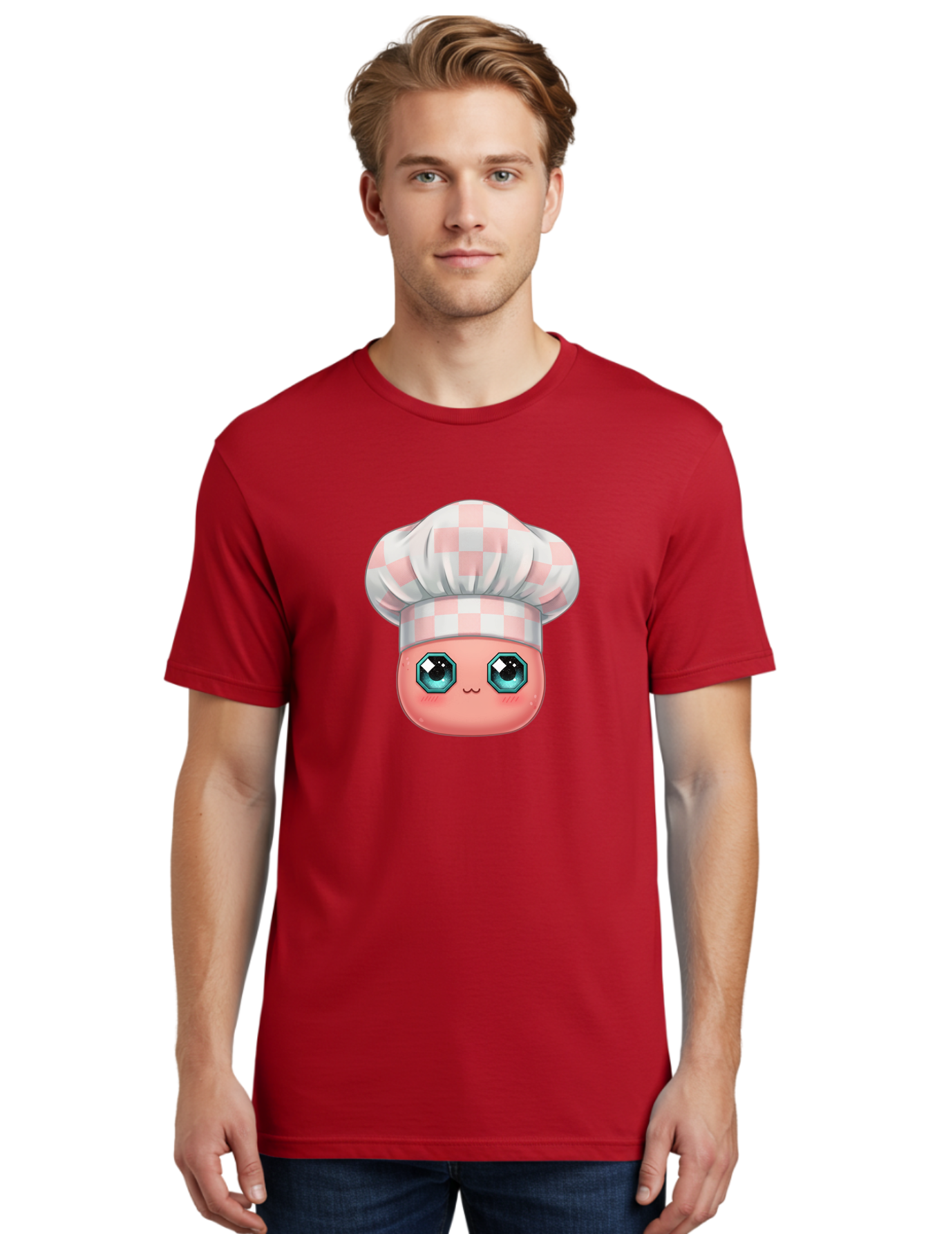 Chef-Gingham-Hat Men'S Graphic Tee, 100% Cotton, Comfortable Casual Summer Wear, Machine Washable, Cartoon Character, Chef Hat, Pink Checkered Pattern, Cute Face, Blue Eyes, Futuristic Look, Kawaii Style, Cooking, Baking, Foodie Culture, Bac827