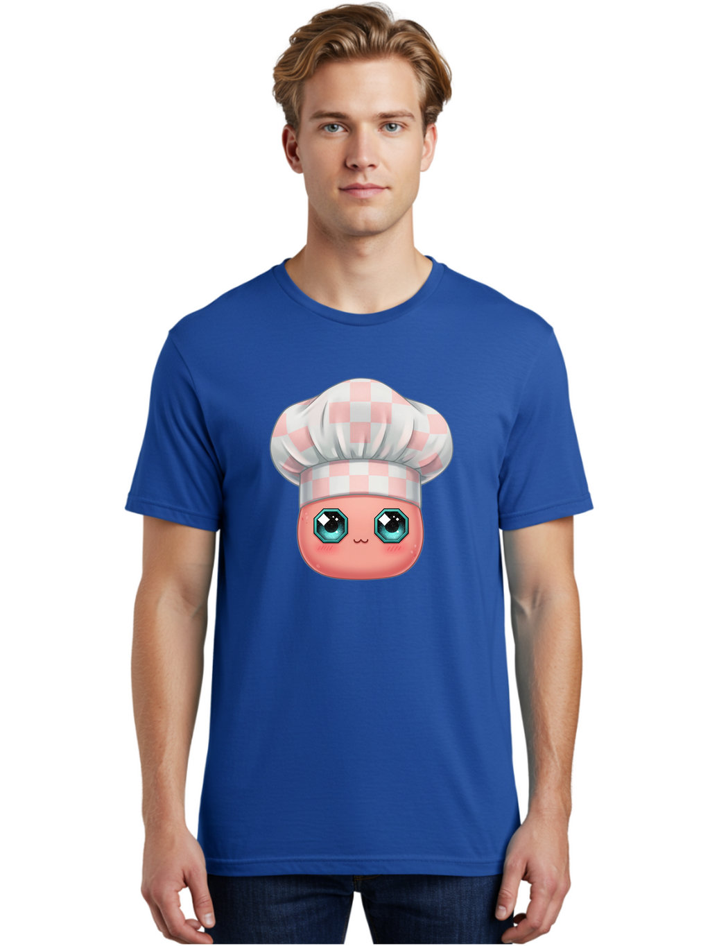 Chef-Gingham-Hat Men'S Graphic Tee, 100% Cotton, Comfortable Casual Summer Wear, Machine Washable, Cartoon Character, Chef Hat, Pink Checkered Pattern, Cute Face, Blue Eyes, Futuristic Look, Kawaii Style, Cooking, Baking, Foodie Culture, Bac827