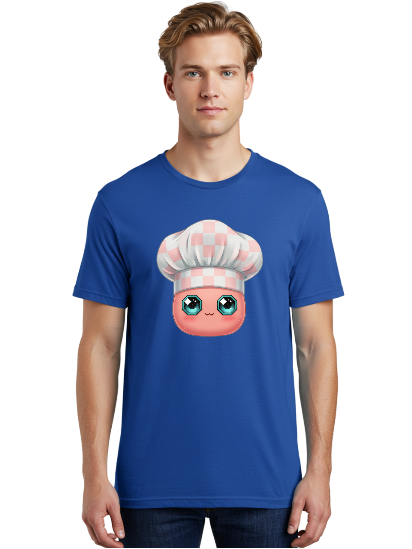 Chef-Gingham-Hat Men'S Graphic Tee, 100% Cotton, Comfortable Casual Summer Wear, Machine Washable, Cartoon Character, Chef Hat, Pink Checkered Pattern, Cute Face, Blue Eyes, Futuristic Look, Kawaii Style, Cooking, Baking, Foodie Culture, Bac827