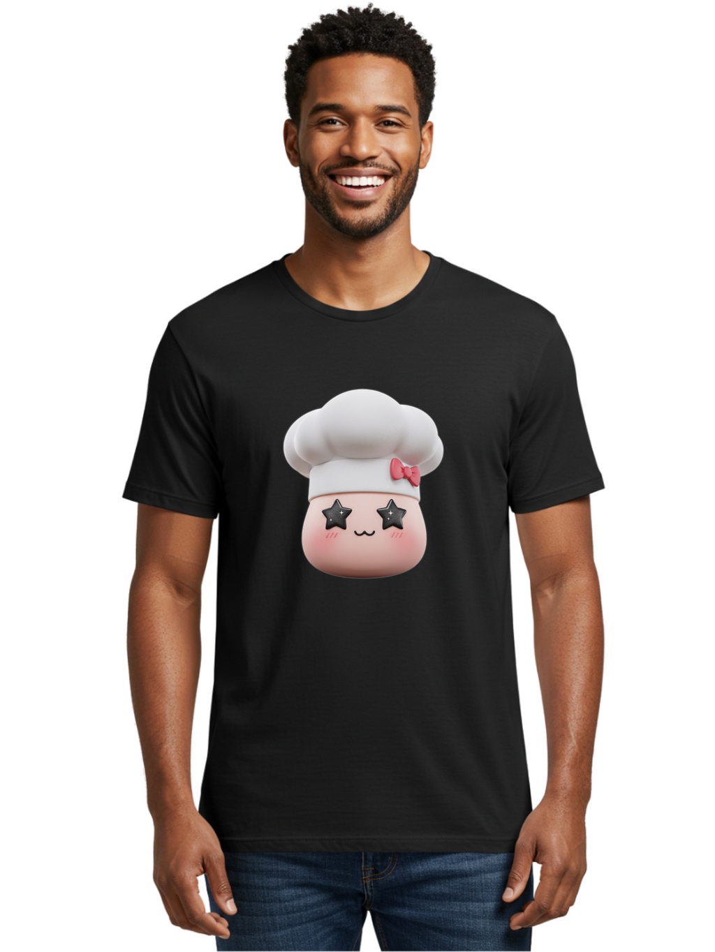 Chef-Hat-Character Men'S Graphic Tee, 100% Cotton, Comfortable Casual Summer Wear, Machine Washable, Cute Cartoon Chef, Cooking Character, Kawaii Foodie, Chef'S Hat, Pink Bow, Star Eyes, Smiling Face, Rosy Cheeks, Baking Illustration, Bac829