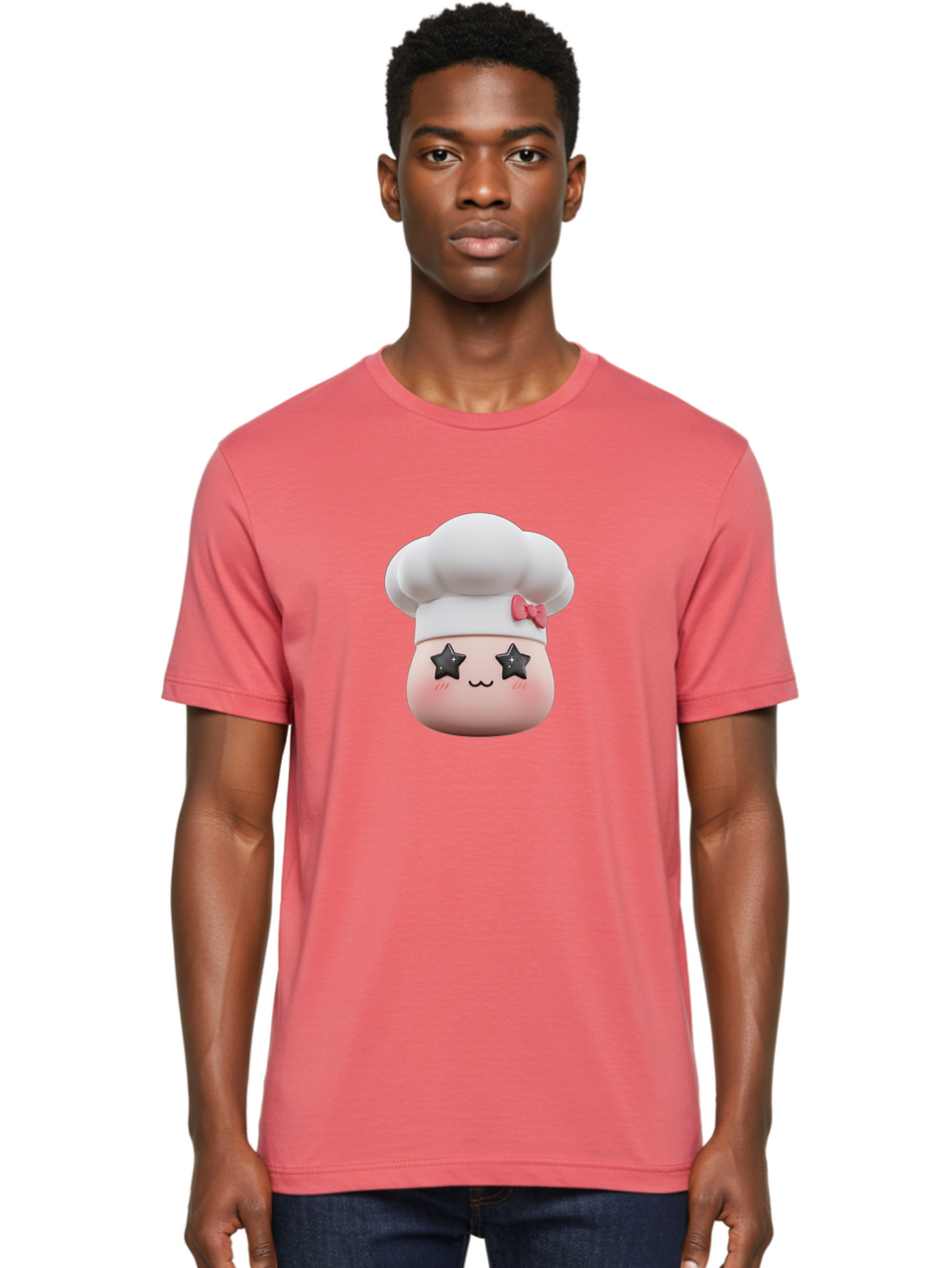 Chef-Hat-Character Men'S Graphic Tee, 100% Cotton, Comfortable Casual Summer Wear, Machine Washable, Cute Cartoon Chef, Cooking Character, Kawaii Foodie, Chef'S Hat, Pink Bow, Star Eyes, Smiling Face, Rosy Cheeks, Baking Illustration, Bac829