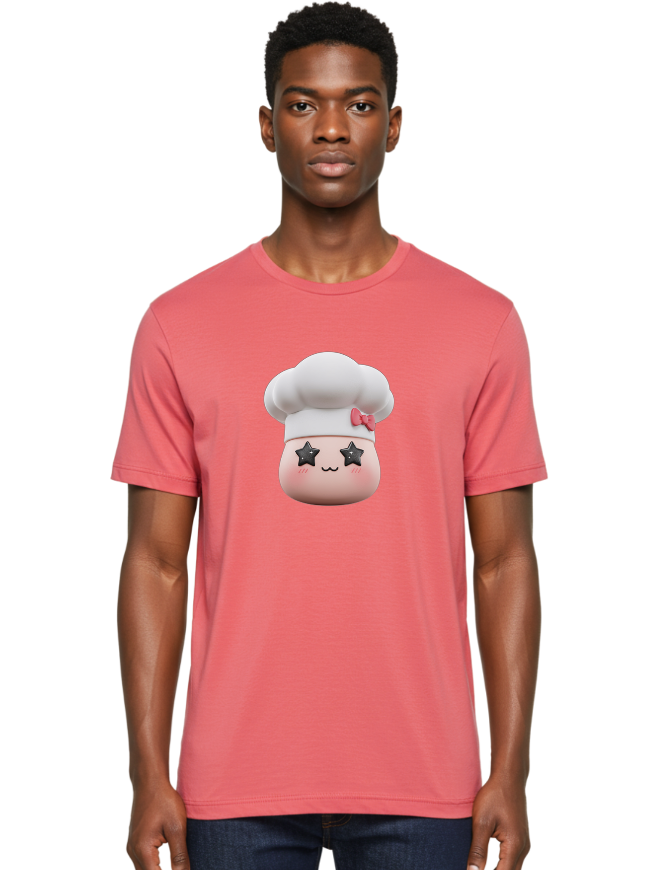 Chef-Hat-Character Men'S Graphic Tee, 100% Cotton, Comfortable Casual Summer Wear, Machine Washable, Cute Cartoon Chef, Cooking Character, Kawaii Foodie, Chef'S Hat, Pink Bow, Star Eyes, Smiling Face, Rosy Cheeks, Baking Illustration, Bac829
