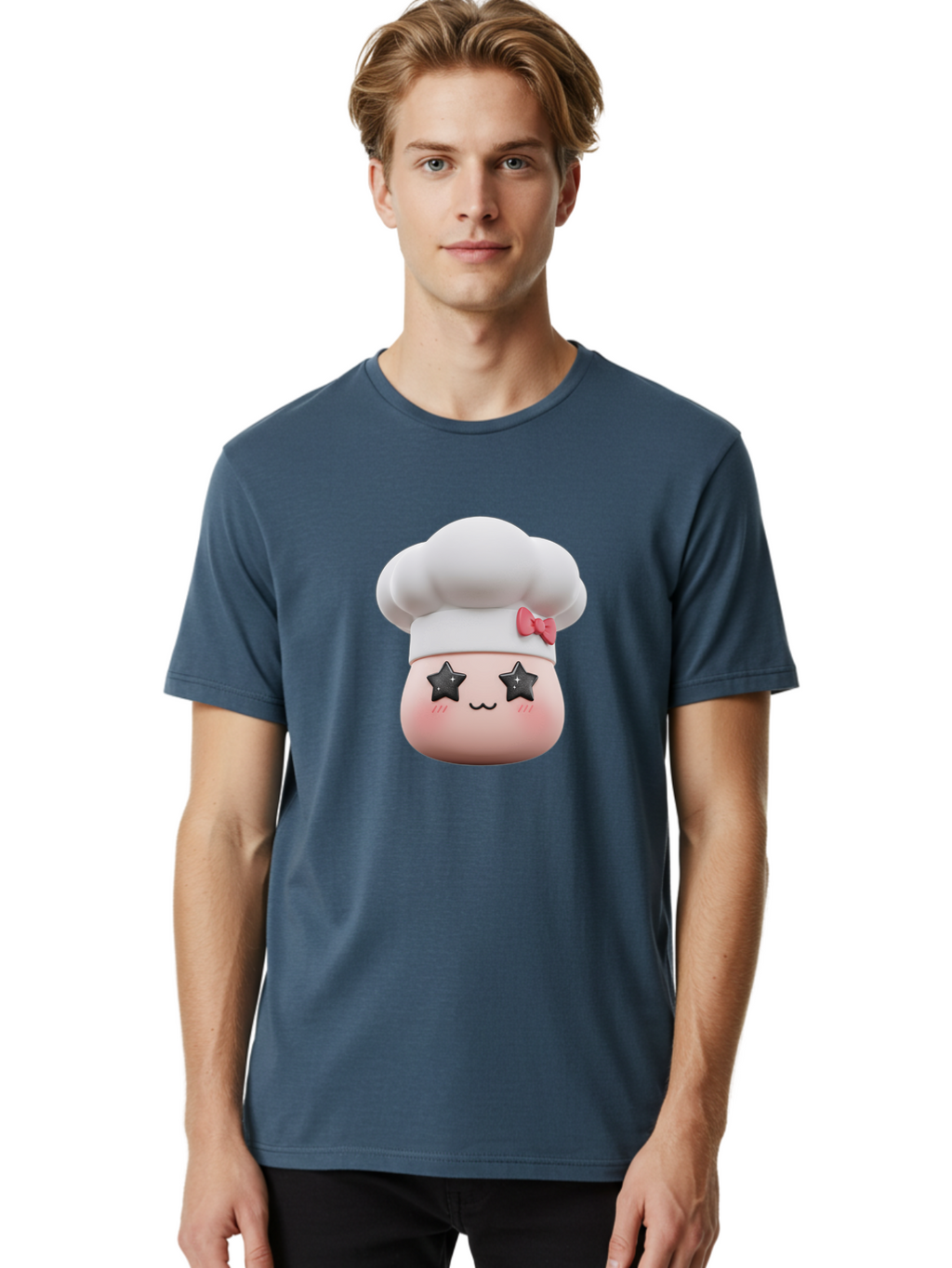 Chef-Hat-Character Men'S Graphic Tee, 100% Cotton, Comfortable Casual Summer Wear, Machine Washable, Cute Cartoon Chef, Cooking Character, Kawaii Foodie, Chef'S Hat, Pink Bow, Star Eyes, Smiling Face, Rosy Cheeks, Baking Illustration, Bac829