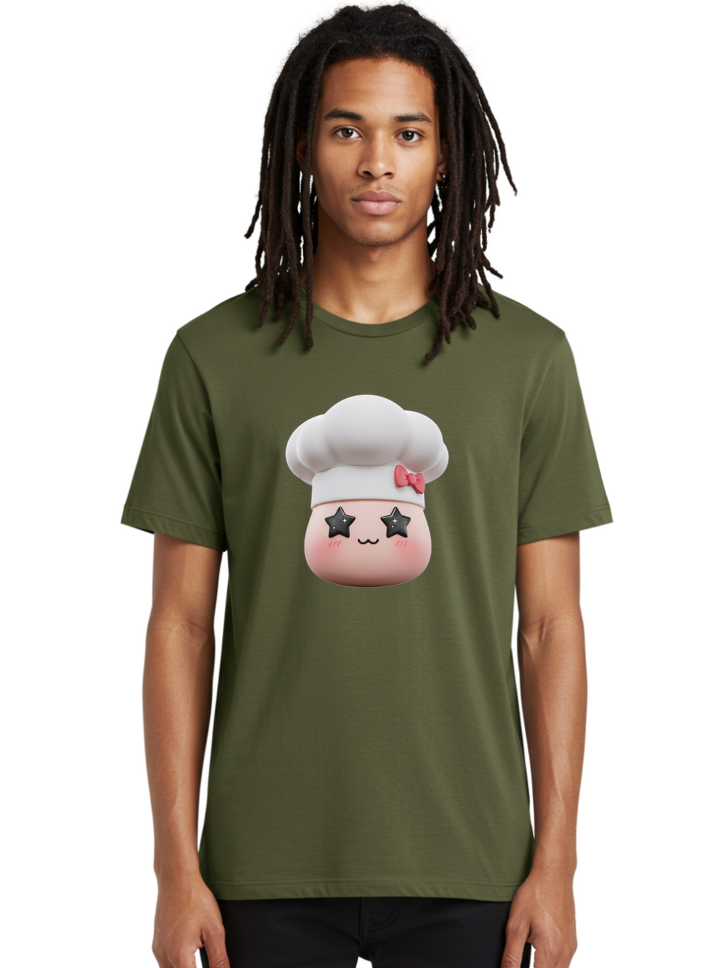 Chef-Hat-Character Men'S Graphic Tee, 100% Cotton, Comfortable Casual Summer Wear, Machine Washable, Cute Cartoon Chef, Cooking Character, Kawaii Foodie, Chef'S Hat, Pink Bow, Star Eyes, Smiling Face, Rosy Cheeks, Baking Illustration, Bac829