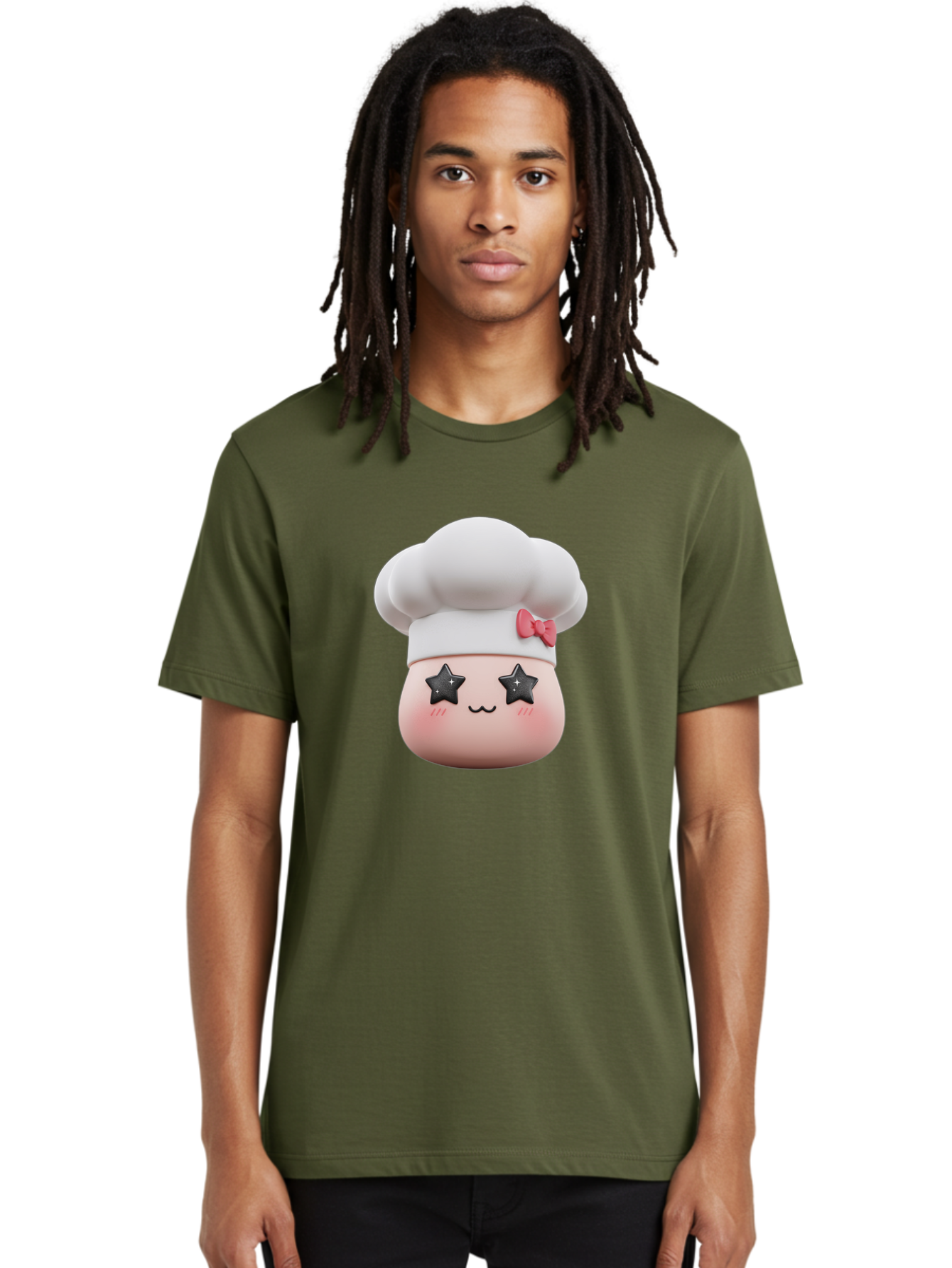 Chef-Hat-Character Men'S Graphic Tee, 100% Cotton, Comfortable Casual Summer Wear, Machine Washable, Cute Cartoon Chef, Cooking Character, Kawaii Foodie, Chef'S Hat, Pink Bow, Star Eyes, Smiling Face, Rosy Cheeks, Baking Illustration, Bac829