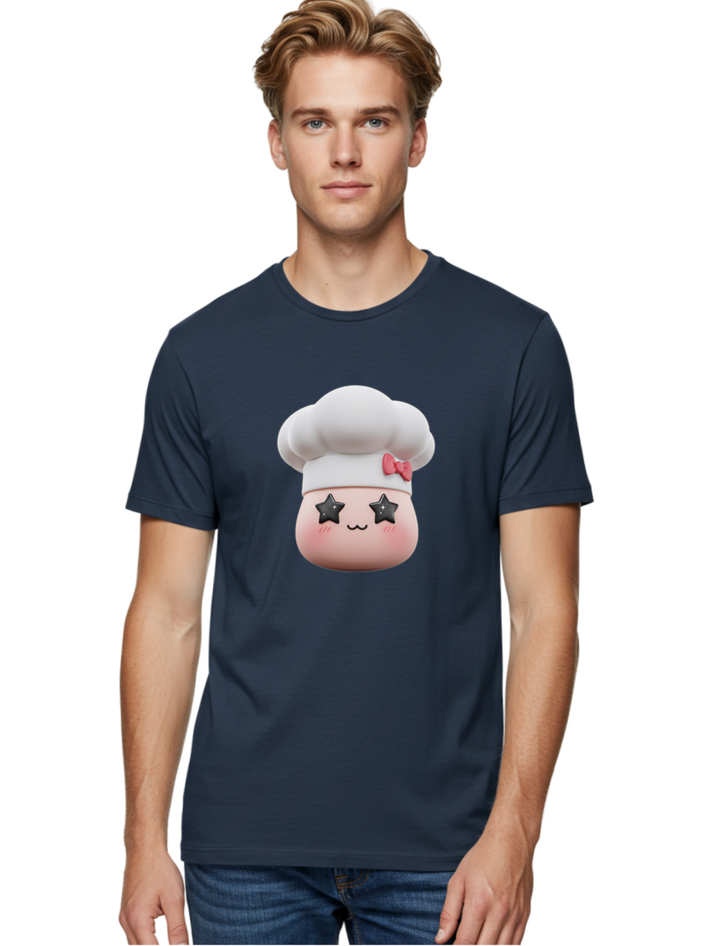 Chef-Hat-Character Men'S Graphic Tee, 100% Cotton, Comfortable Casual Summer Wear, Machine Washable, Cute Cartoon Chef, Cooking Character, Kawaii Foodie, Chef'S Hat, Pink Bow, Star Eyes, Smiling Face, Rosy Cheeks, Baking Illustration, Bac829