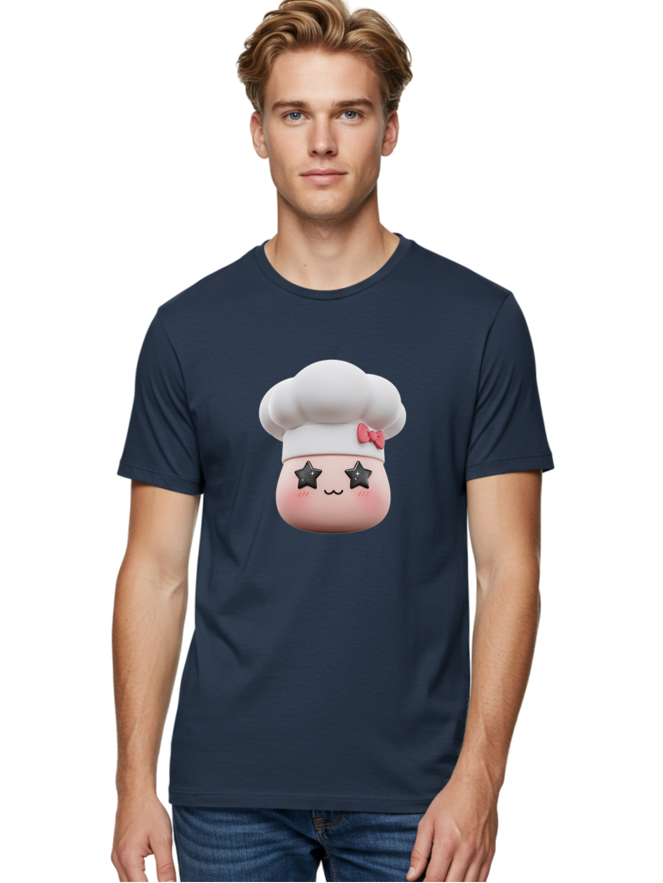 Chef-Hat-Character Men'S Graphic Tee, 100% Cotton, Comfortable Casual Summer Wear, Machine Washable, Cute Cartoon Chef, Cooking Character, Kawaii Foodie, Chef'S Hat, Pink Bow, Star Eyes, Smiling Face, Rosy Cheeks, Baking Illustration, Bac829