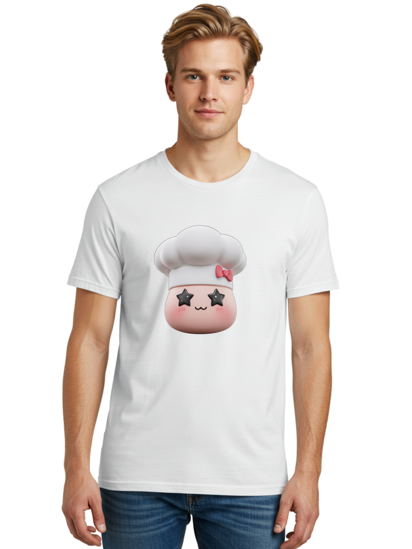 Chef-Hat-Character Men'S Graphic Tee, 100% Cotton, Comfortable Casual Summer Wear, Machine Washable, Cute Cartoon Chef, Cooking Character, Kawaii Foodie, Chef'S Hat, Pink Bow, Star Eyes, Smiling Face, Rosy Cheeks, Baking Illustration, Bac829