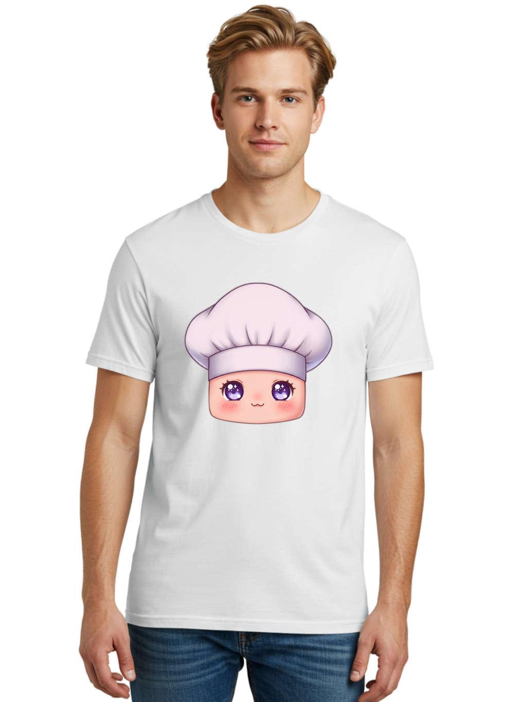 Chef-Hat-Face Men'S Graphic Tee, 100% Cotton, Comfortable Casual Summer Wear, Machine Washable, Cartoon Chef, Cute Face, Purple Eyes, Chef Hat, Cooking, Kawaii, Chef Character, Adorable, Kitchen, Culinary Bac832