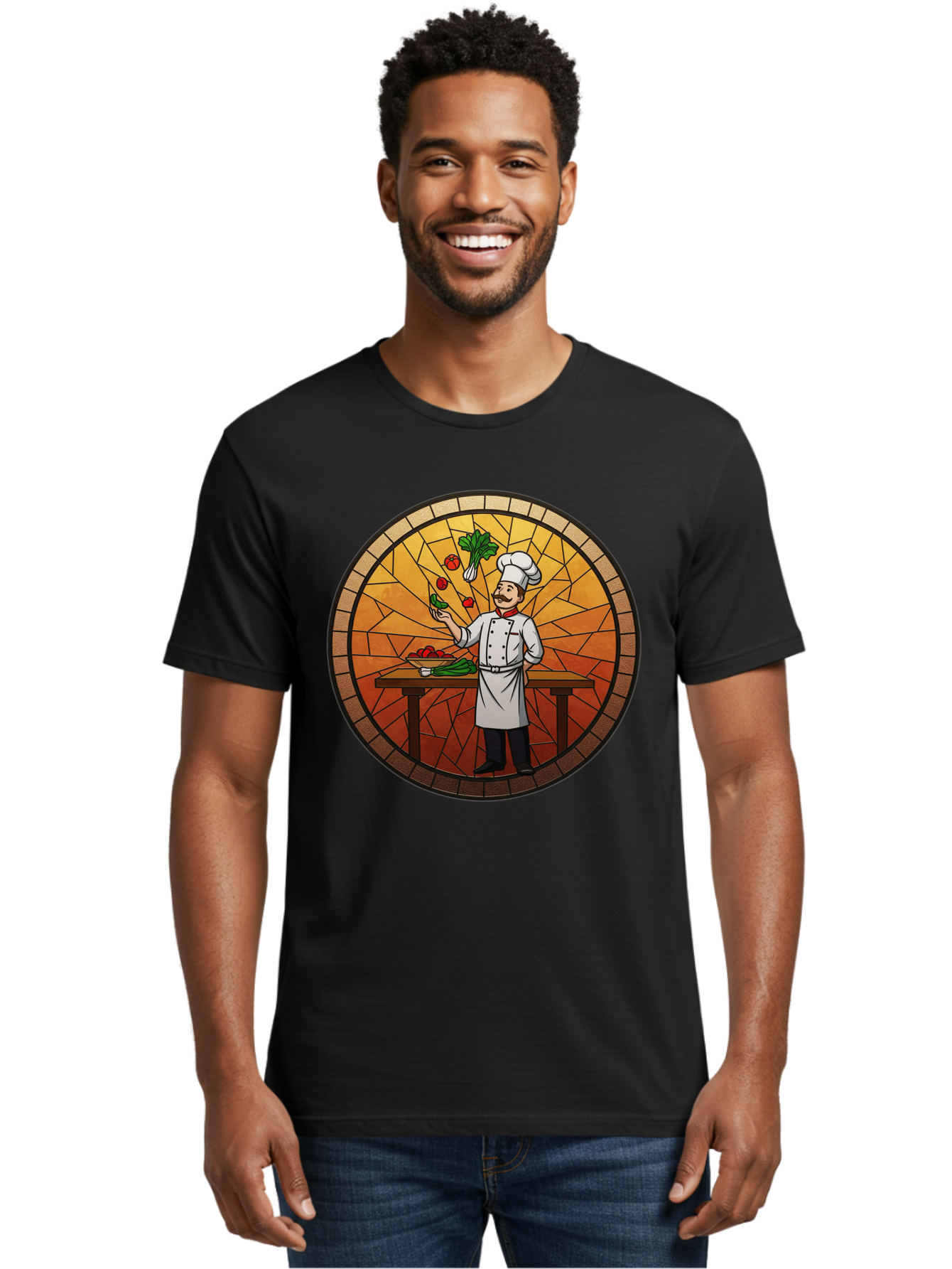Chef-Juggling-Vegetables Men'S Graphic Tee, 100% Cotton, Comfortable Casual Summer Wear, Machine Washable, Chef Juggling Vegetables, Cooking Art, Stained Glass Style, Culinary Skills, Kitchen Scene, Fresh Produce, Chef'S Hat, Cooking Uniform Bac833